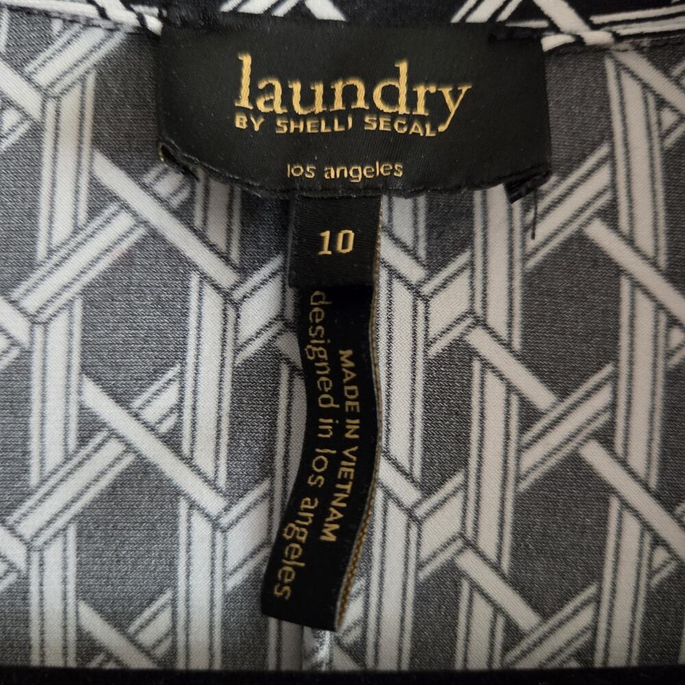 Laundry Shelli Segal Shirt Dress Button Front Silky Black White Geometric Sz 10 - Picture 3 of 13